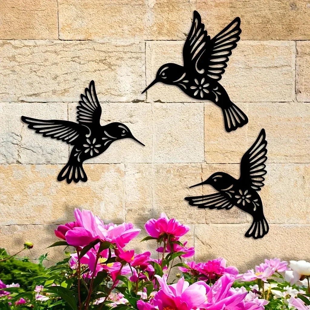 Artă de Perete din Metal cu Colibri, Sculptură din Fier Rezistentă la Apă, Siluete Decorative de Perete
