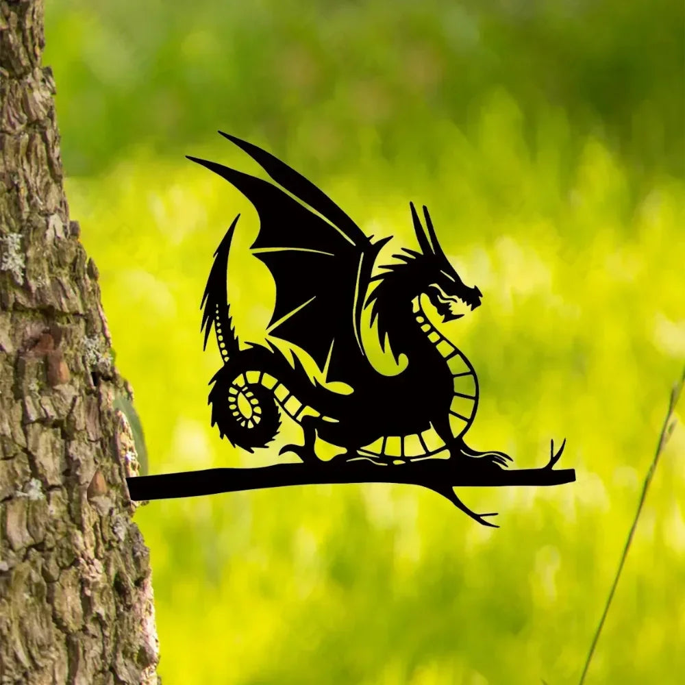 Păsări/Câini/Dragoni/Zâne din Metal pe Ramură, Siluetă din Oțel, Artă Decorativă pentru Grădină și Patio