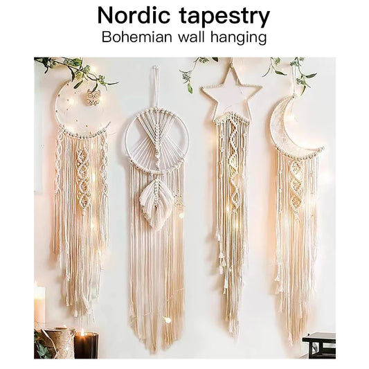 Tapiserie Țesută în Stil Nordic cu Prinzător de Vise, Decorațiune cu Stele și Lună pentru Casă