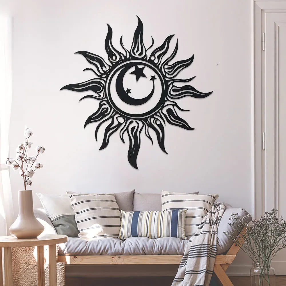 Artă de Perete din Metal Art Deco cu Soare, Sculptură din Fier pentru Grădină și Patio, Decorațiune de Interior