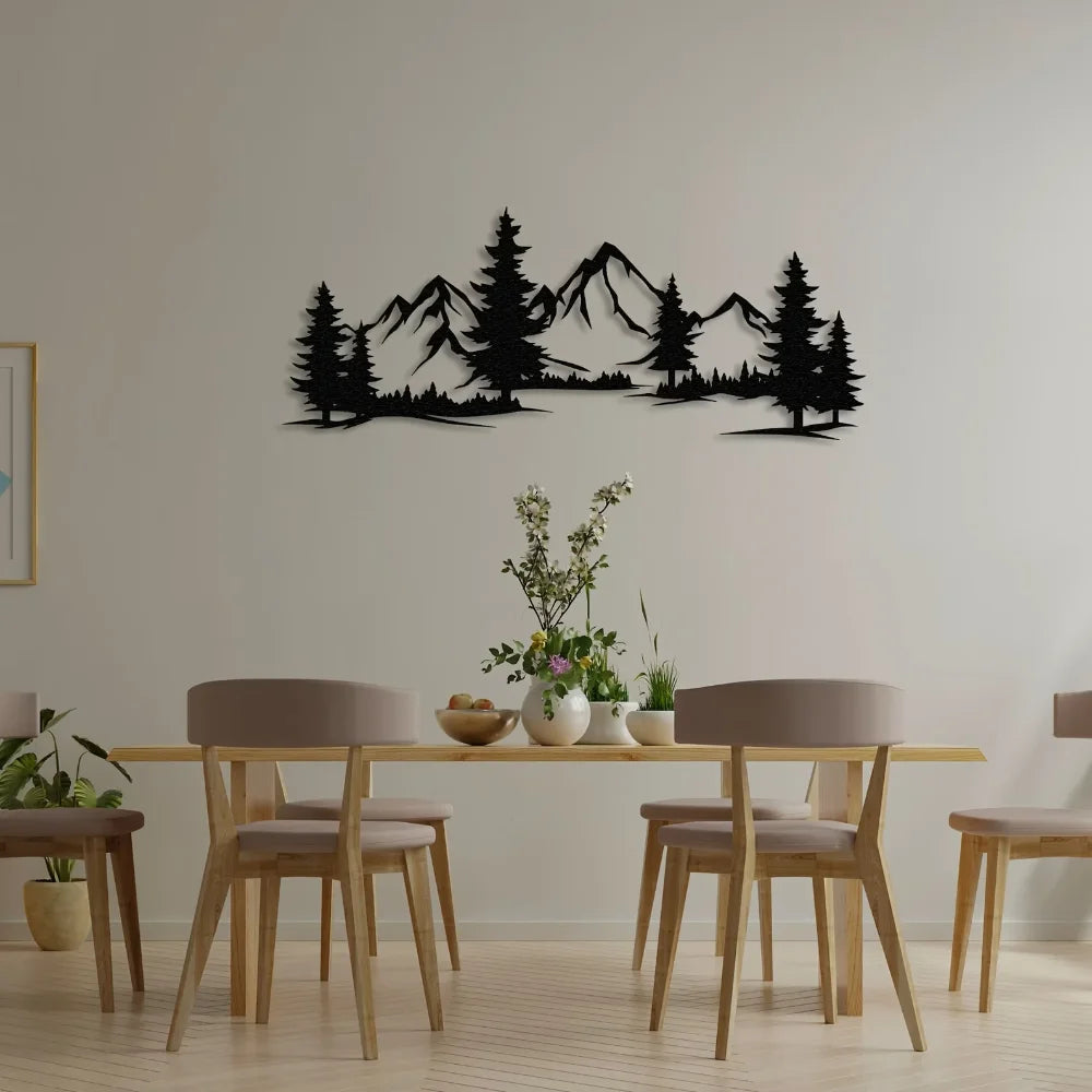 Artă de Perete Rustică din Metal cu Pădure și Munte, Design cu Brazi pentru Camera Copiilor și Decor Fermă