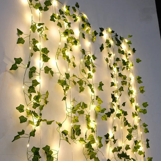 Ghirlandă cu Lumini în Formă de Flori și Frunze Verzi, Lumini Decorative cu Baterii pentru Crăciun și Nuntă