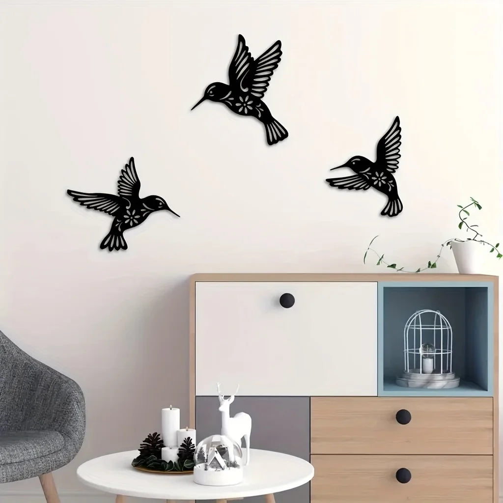 Artă de Perete din Metal cu Colibri, Sculptură din Fier Rezistentă la Apă, Siluete Decorative de Perete