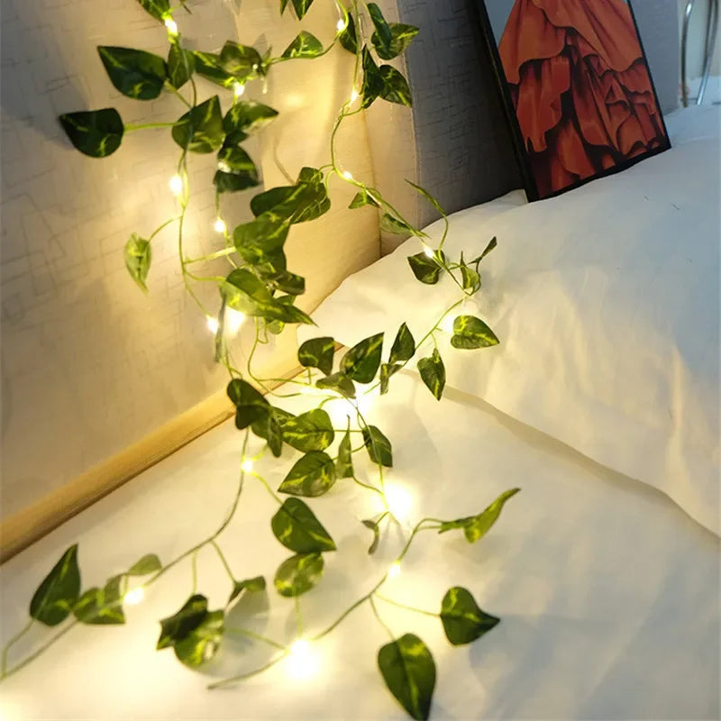 Ghirlandă cu Lumini în Formă de Flori și Frunze Verzi, Lumini Decorative cu Baterii pentru Crăciun și Nuntă