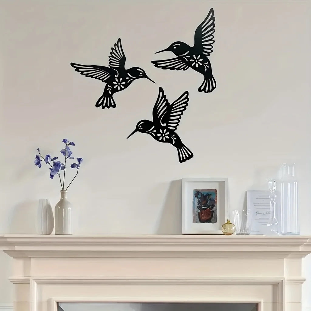Artă de Perete din Metal cu Colibri, Sculptură din Fier Rezistentă la Apă, Siluete Decorative de Perete