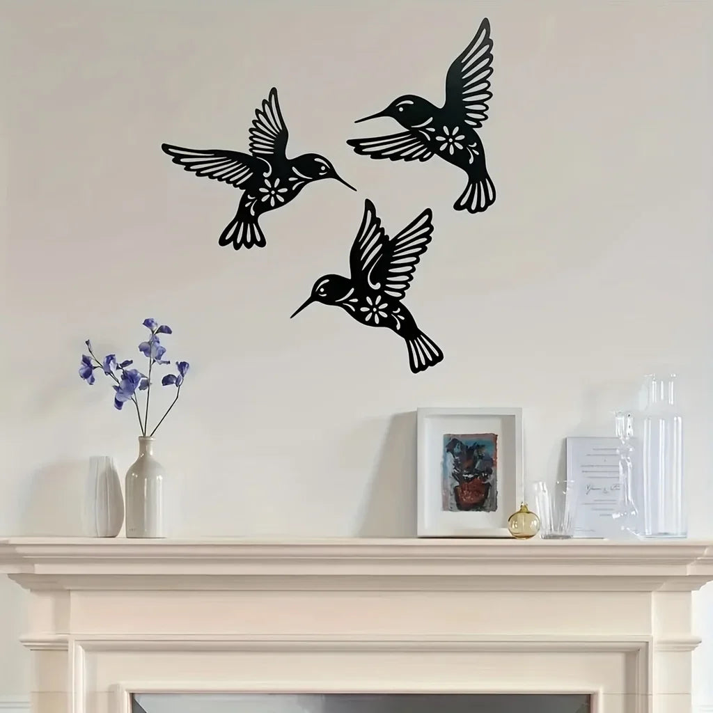 Artă de Perete din Metal cu Colibri, Sculptură din Fier Rezistentă la Apă, Siluete Decorative de Perete