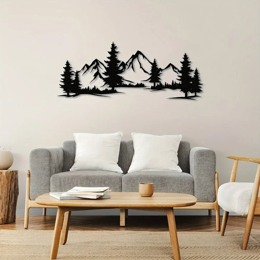Artă de Perete Rustică din Metal cu Pădure și Munte, Design cu Brazi pentru Camera Copiilor și Decor Fermă