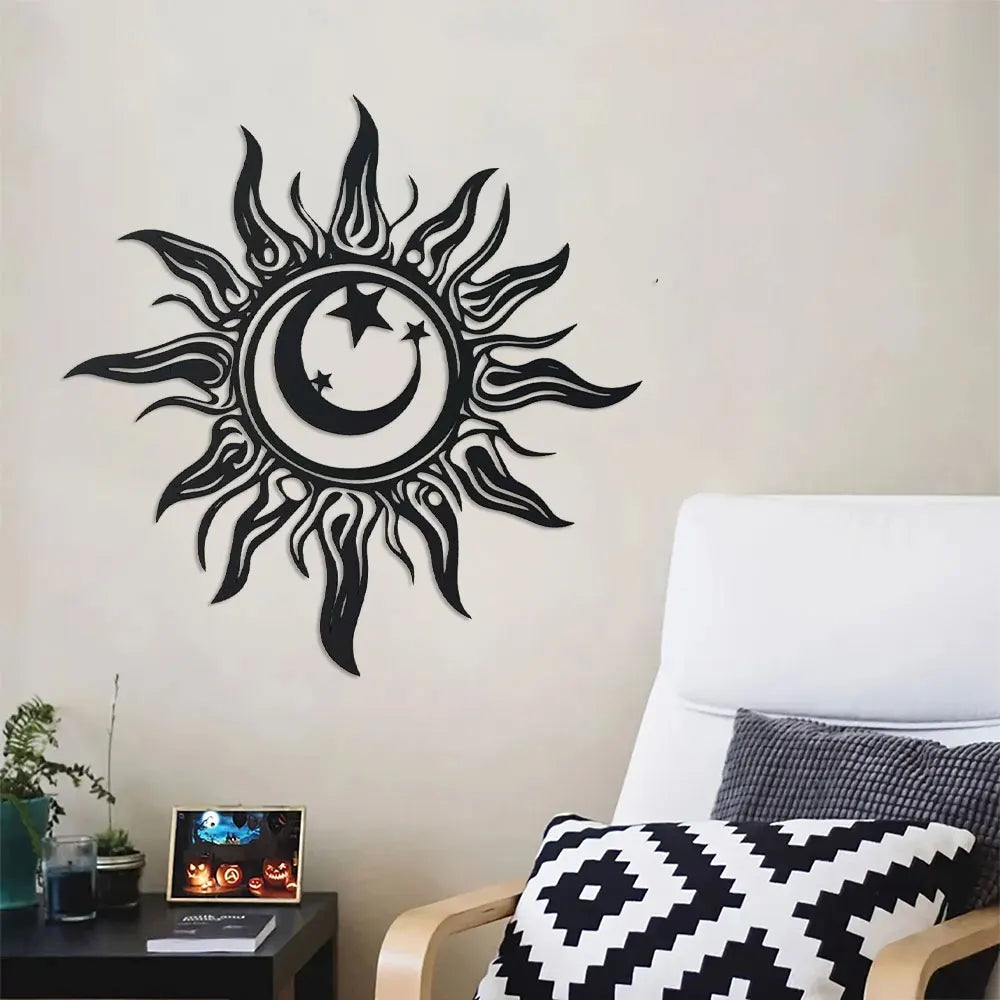 Artă de Perete din Metal Art Deco cu Soare, Sculptură din Fier pentru Grădină și Patio, Decorațiune de Interior