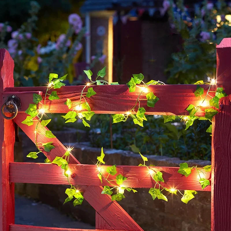 Ghirlandă cu Lumini în Formă de Flori și Frunze Verzi, Lumini Decorative cu Baterii pentru Crăciun și Nuntă