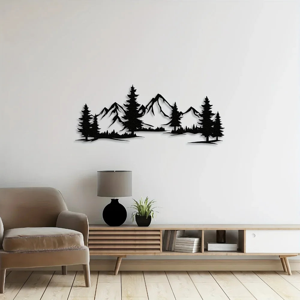 Artă de Perete Rustică din Metal cu Pădure și Munte, Design cu Brazi pentru Camera Copiilor și Decor Fermă