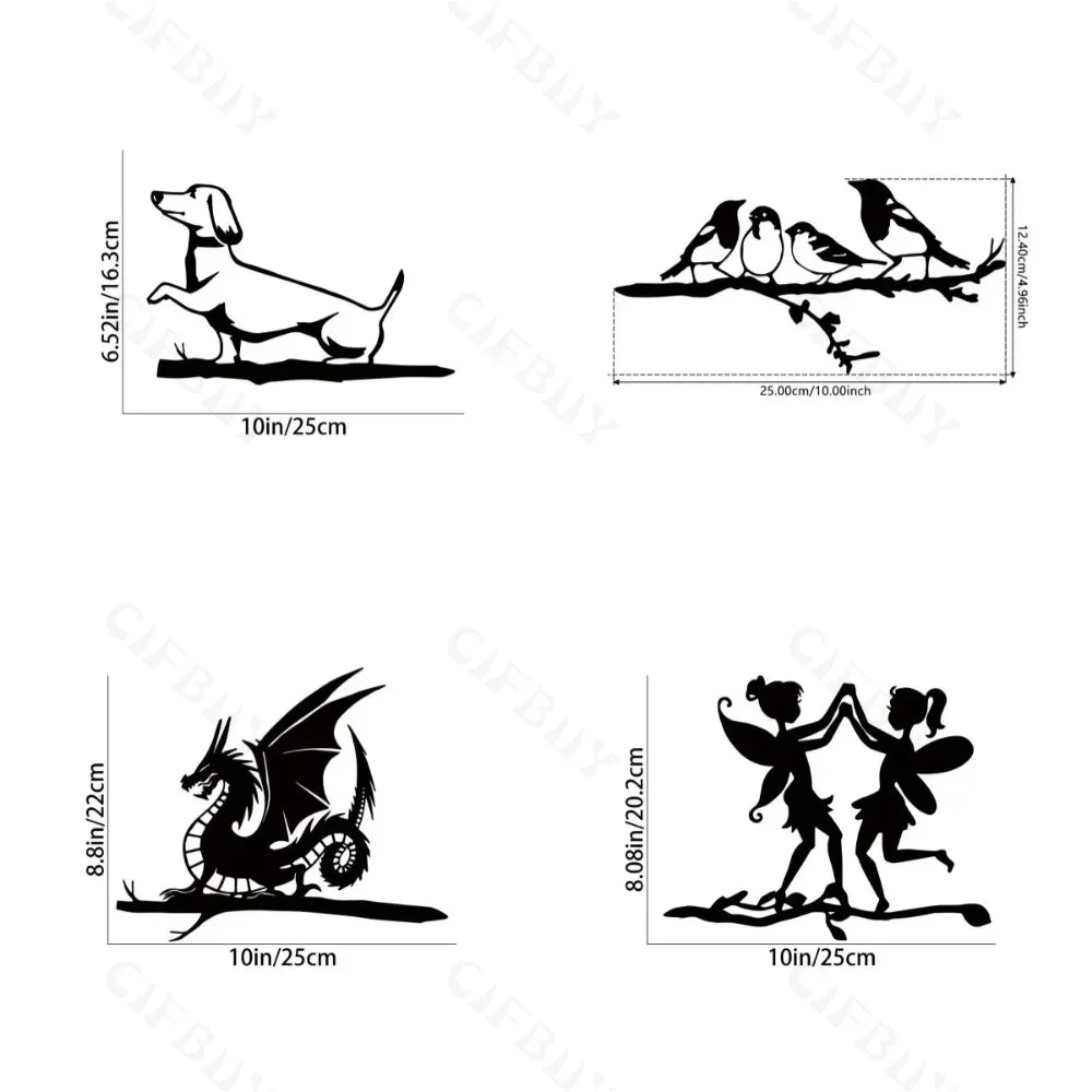 Păsări/Câini/Dragoni/Zâne din Metal pe Ramură, Siluetă din Oțel, Artă Decorativă pentru Grădină și Patio