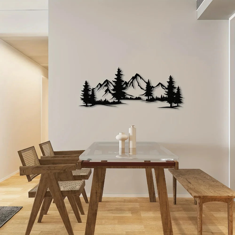 Artă de Perete Rustică din Metal cu Pădure și Munte, Design cu Brazi pentru Camera Copiilor și Decor Fermă