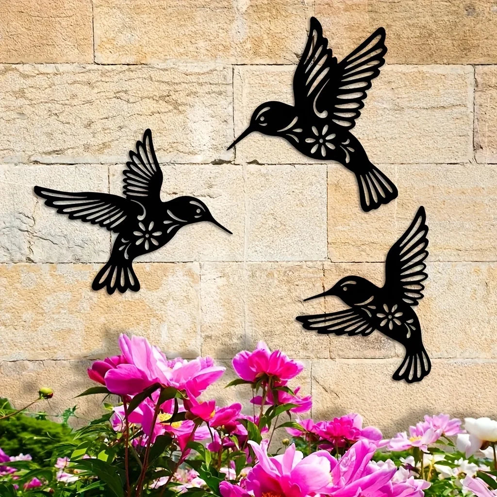 Artă de Perete din Metal cu Colibri, Sculptură din Fier Rezistentă la Apă, Siluete Decorative de Perete