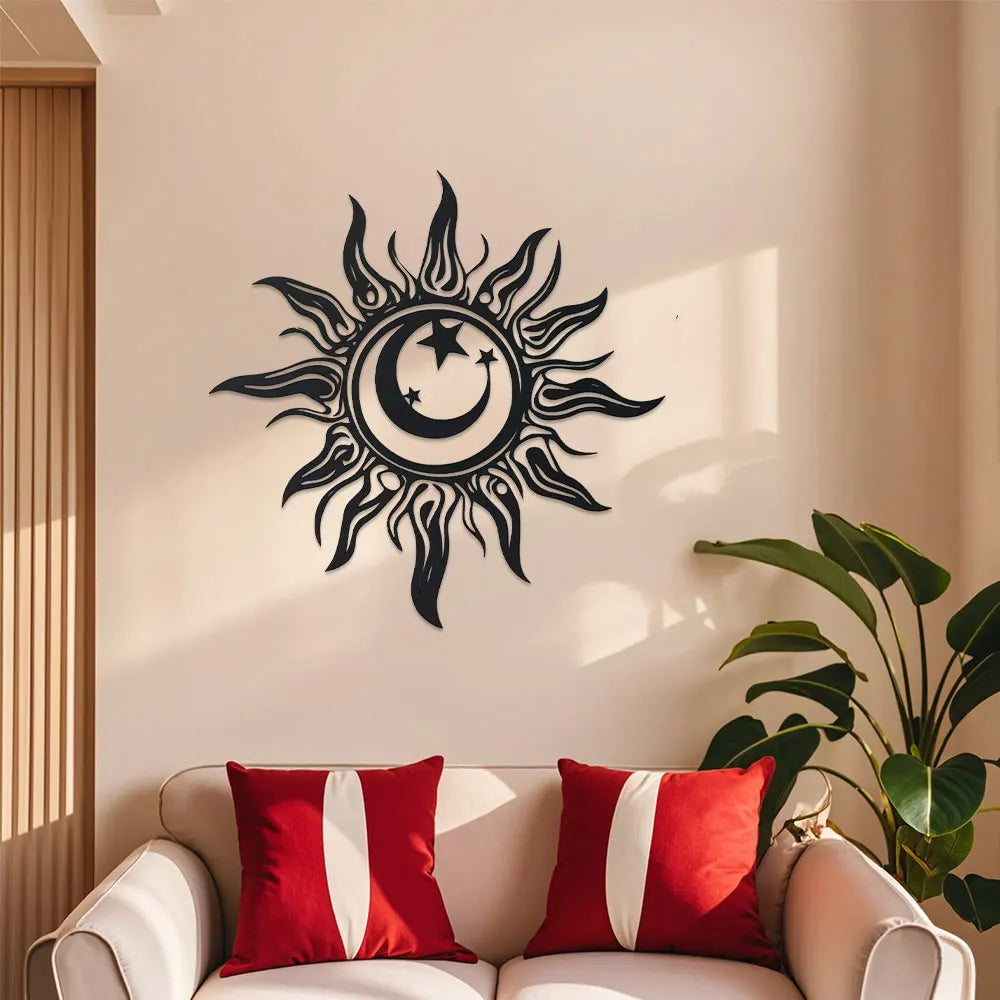 Artă de Perete din Metal Art Deco cu Soare, Sculptură din Fier pentru Grădină și Patio, Decorațiune de Interior