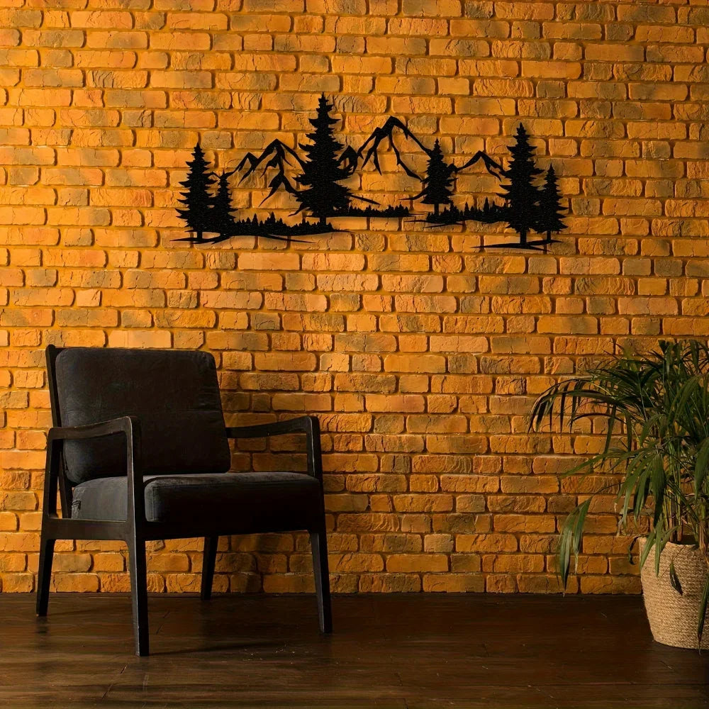 Artă de Perete Rustică din Metal cu Pădure și Munte, Design cu Brazi pentru Camera Copiilor și Decor Fermă