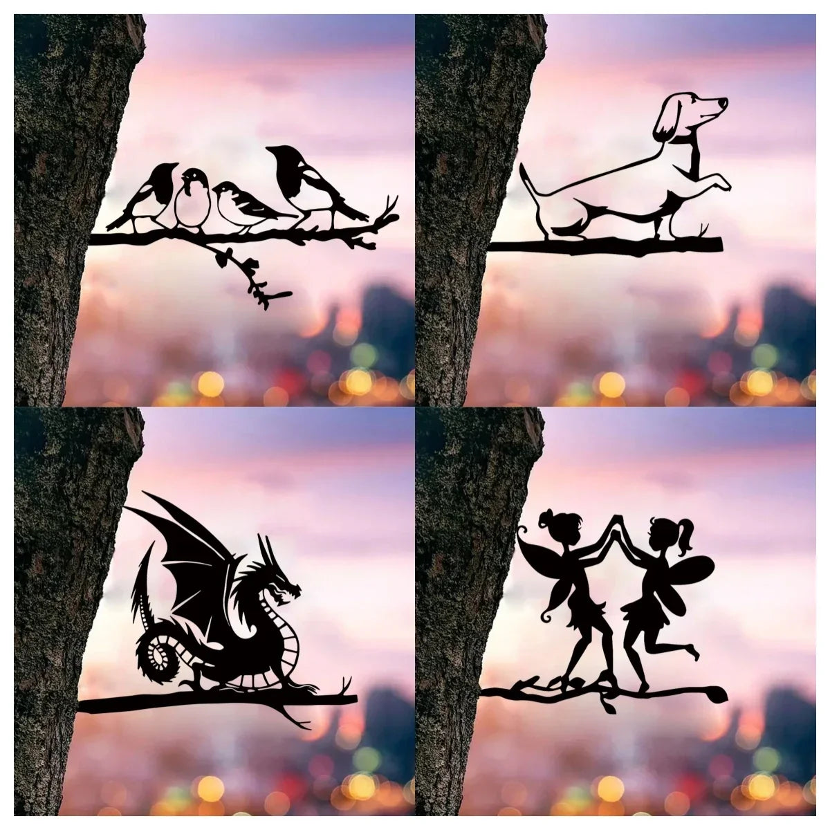 Păsări/Câini/Dragoni/Zâne din Metal pe Ramură, Siluetă din Oțel, Artă Decorativă pentru Grădină și Patio
