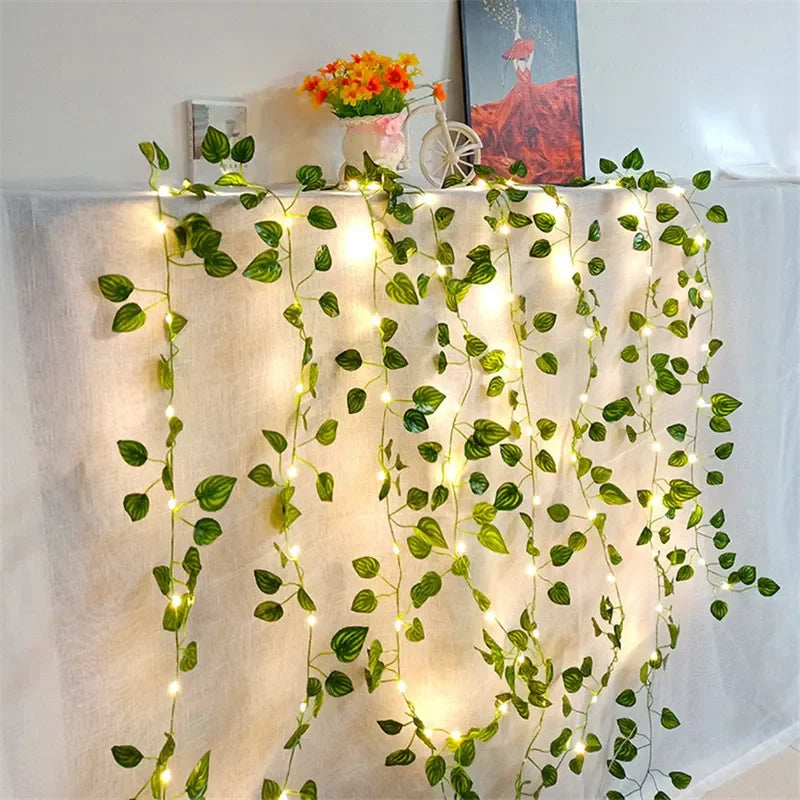Ghirlandă cu Lumini în Formă de Flori și Frunze Verzi, Lumini Decorative cu Baterii pentru Crăciun și Nuntă