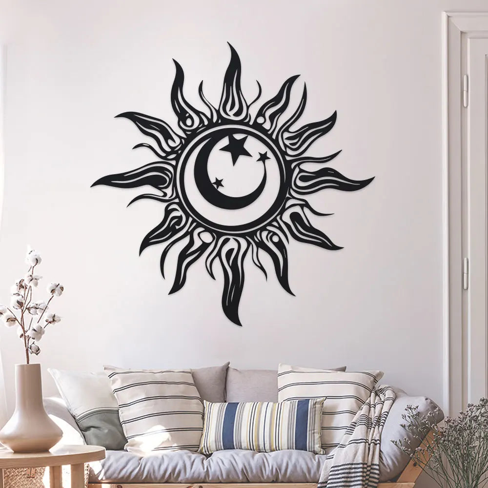 Artă de Perete din Metal Art Deco cu Soare, Sculptură din Fier pentru Grădină și Patio, Decorațiune de Interior