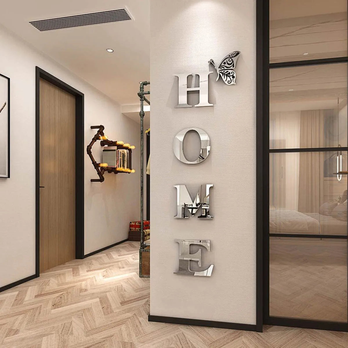 Autocolant de Perete 3D cu Oglindă Logo HOME, Decorațiune pentru Intrare și Casă