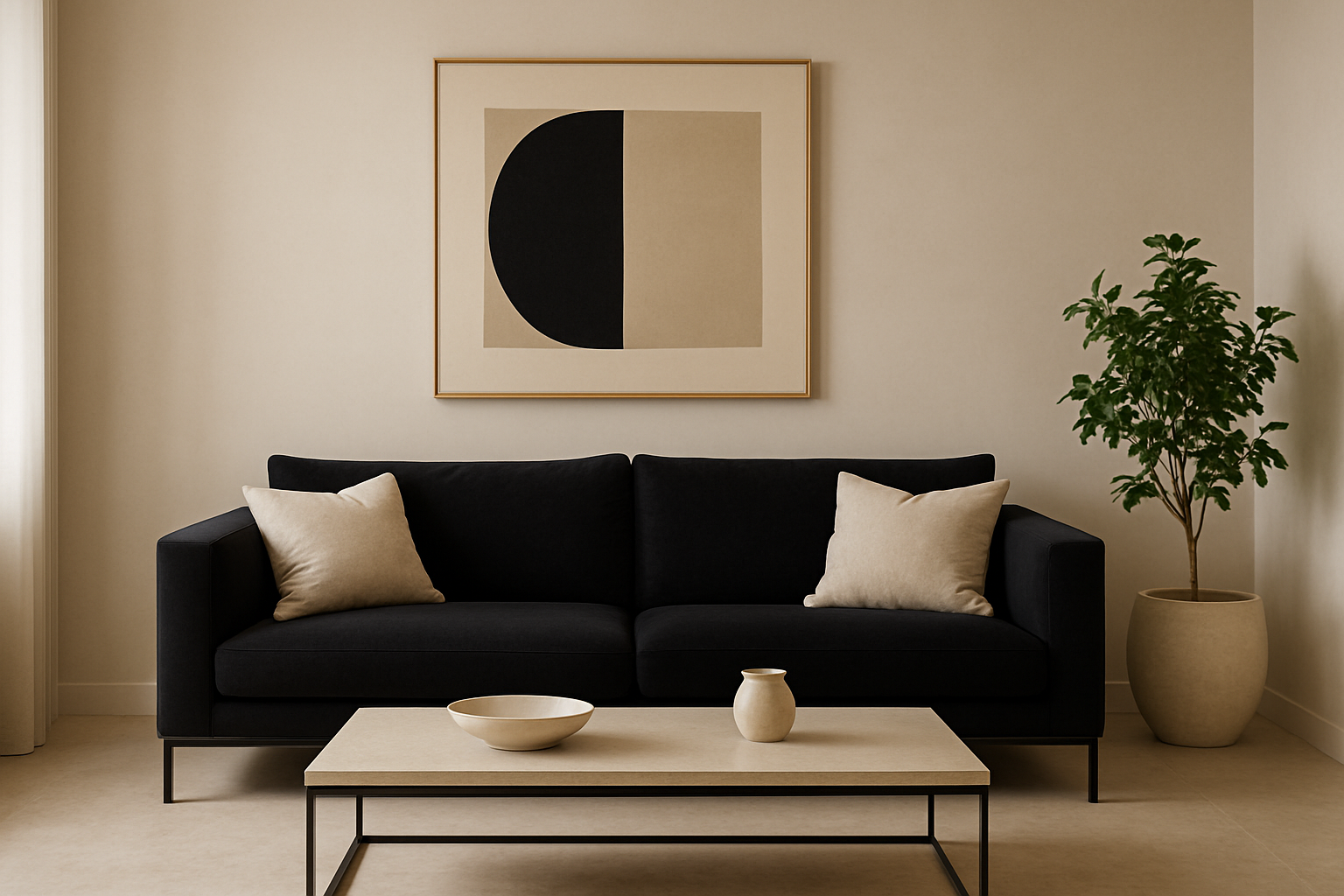 o poza eleganta cu un living minimal in tonuri bej/negru